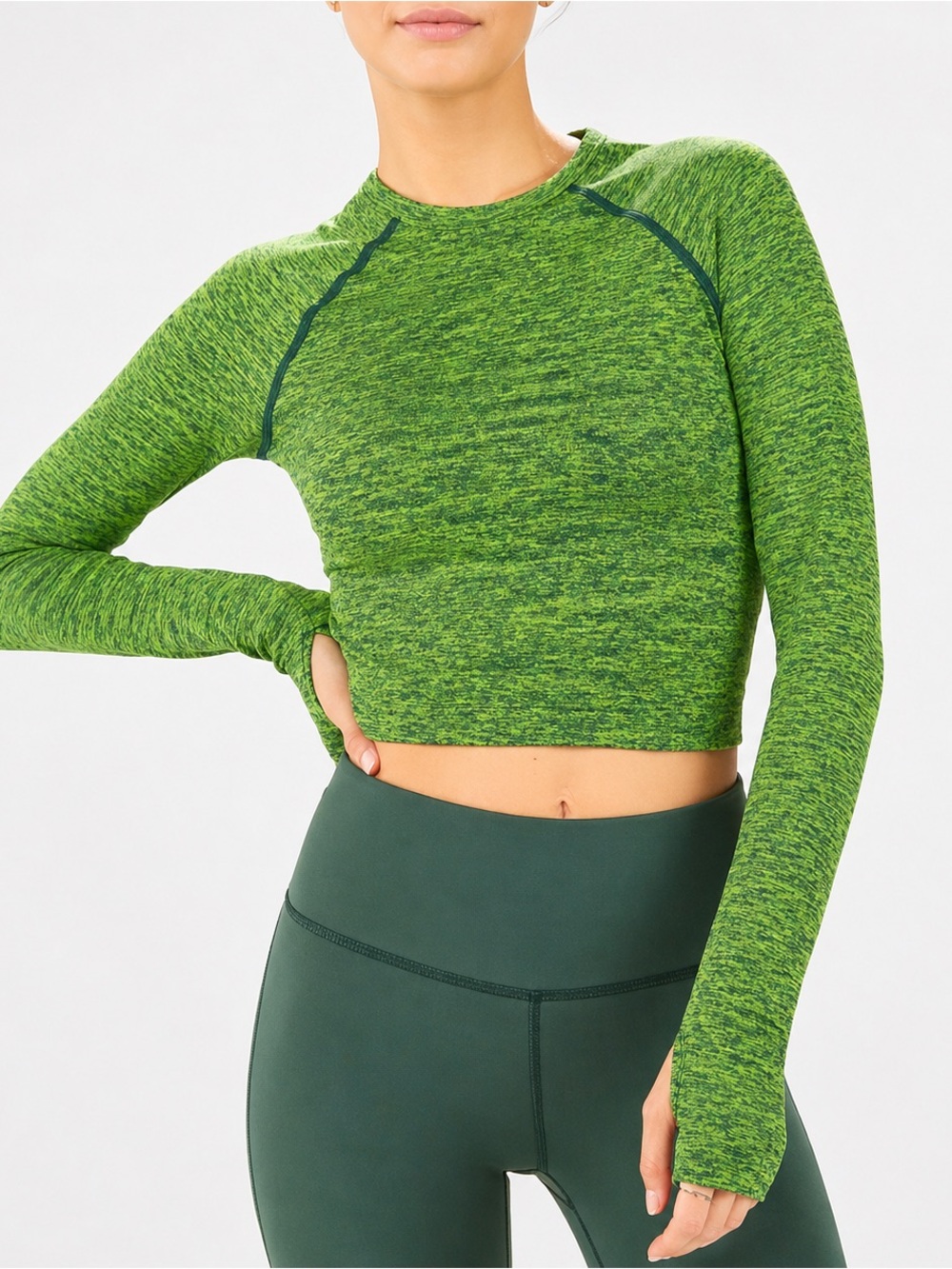 Fabletics Athletic Heathered Lime Green Long-Sleeve Crop Top